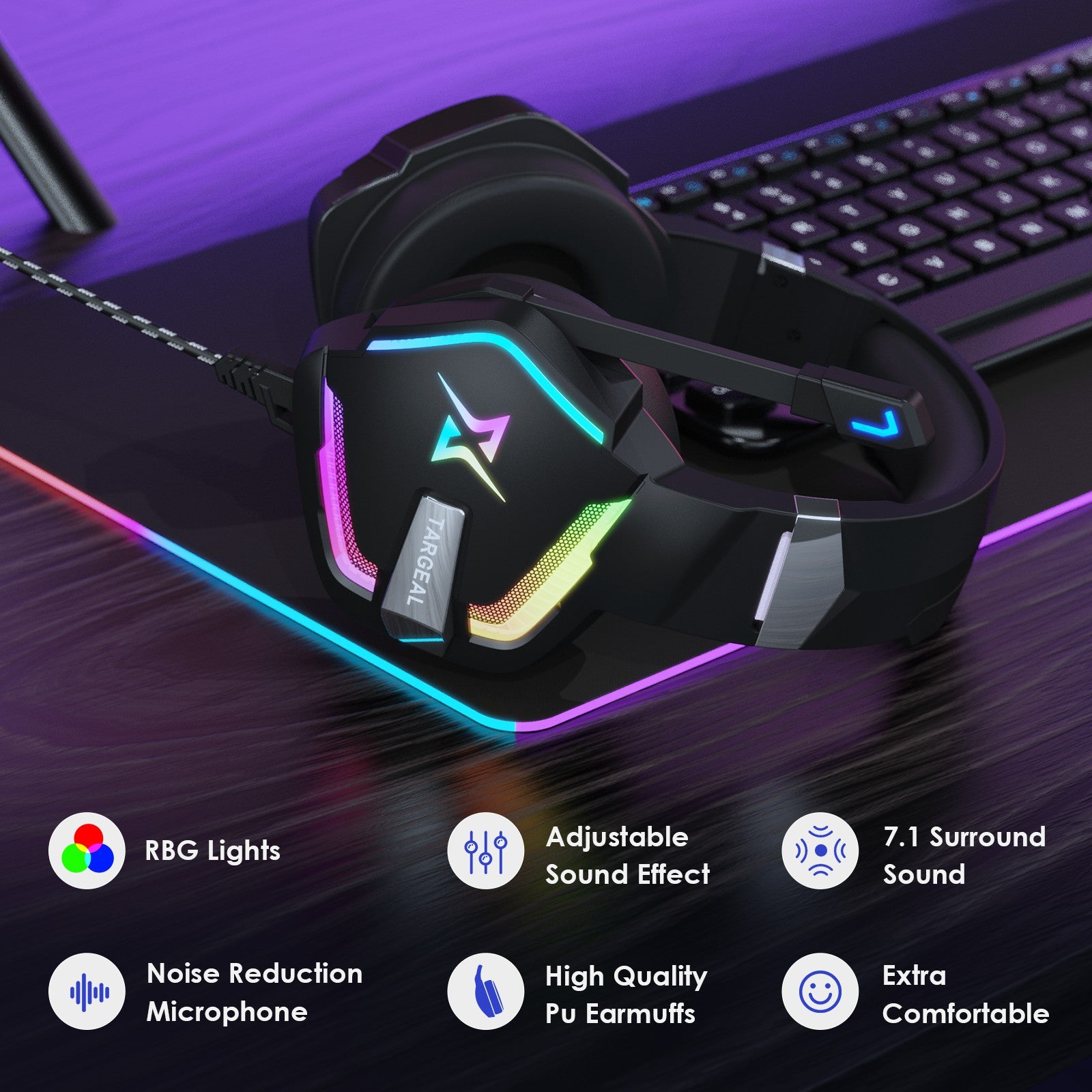 TARGEAL 7.1 Surround Sound USB Wired Headphones PC Gaming Headset with RGB Light for PS4 Smartphone Laptop TARGEAL 7.1 Surround Sound USB Wired Headphones PC Gaming Headset with RGB Light for PS4 Smartphone Laptop